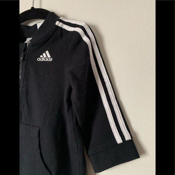 Adidas black/white 3 stripes unisex coverall, snap closure, good condition, 9mon - Picture 2 of 7